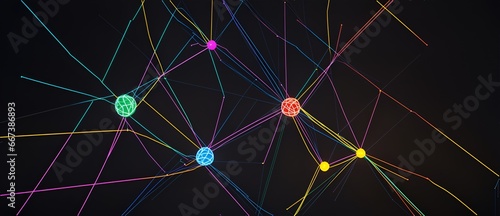 Colorful glowing straight lines and nodes representing neural networks connections in plain black background from Generative AI