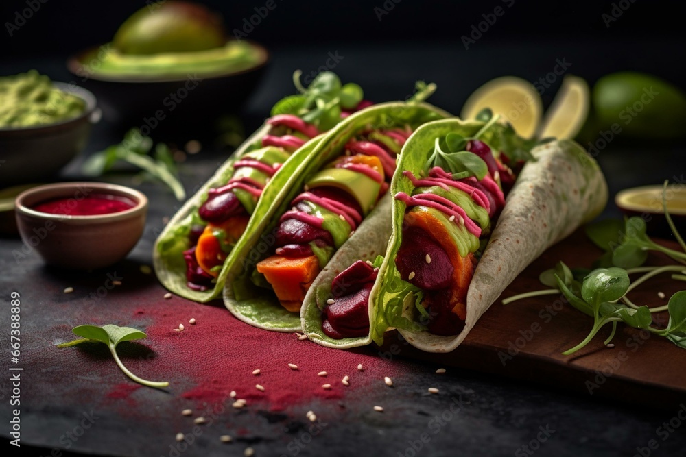 Plant-based taco wraps with beetroot, pea protein, guacamole, sweet chili sauce, and lime wedges. Generative AI - obrazy, fototapety, plakaty 