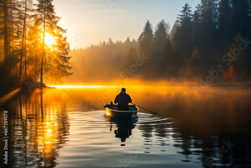man on boat swims in a calm lake at dawn sunlight ai generative