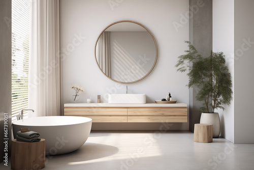 Minimalist bathroom interior. Bathtub  round mirror  and floating wooden bathroom cabinet with a sink. Natural materials  beige tones