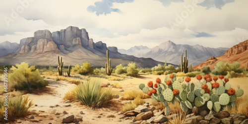 West Texas Big Bend Cactus Watercolor Painting - Desert Landscape Artwork with Beautiful Cacti, Mountains, and a Watercolor Technique photo