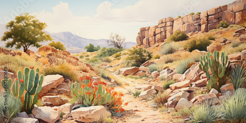 West Texas Big Bend Cactus Watercolor Painting - Desert Landscape Artwork with Beautiful Cacti, Mountains, and a Watercolor Technique