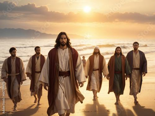 Jesus walking with his disciples at the beach