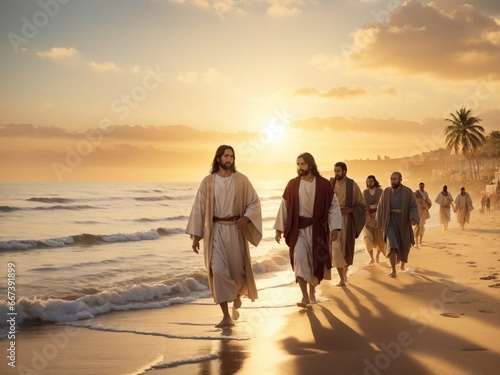 Fotografie, Obraz Jesus walking with his disciples at the beach