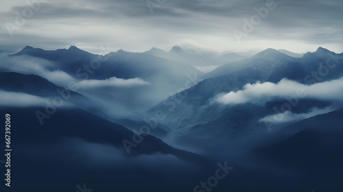 Mountain range with clouds and fog covering the peaks