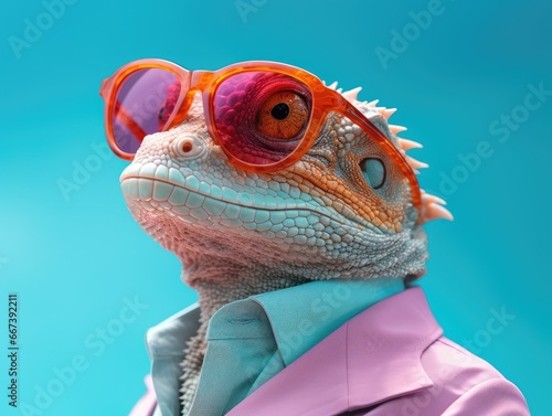 a lizard posing wearing sunglasses  in the style of vivid imagery  cyan and amber  modern photography  light orange and magenta  post-internet aesthetics