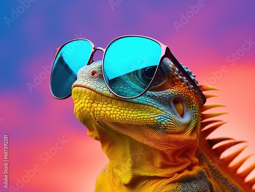 a lizard posing wearing sunglasses, in the style of vivid imagery, cyan and amber, modern photography, light orange and magenta, post-internet aesthetics