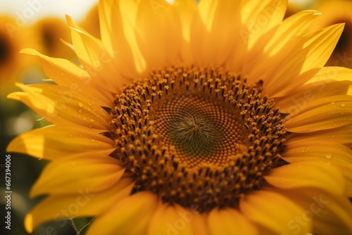 Close-up macro of a sunflower in a field. Generative AI