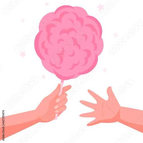 Hand with pink candy floss. Hand giving the cotton candy to child hand