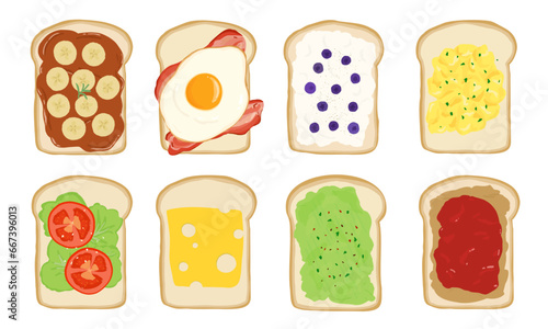 Set of toast with various toppings. Hand drawn vector illustration. 