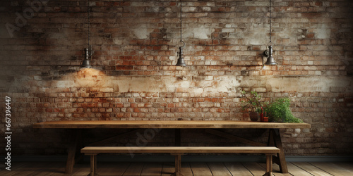white table and brick wall background © Basit
