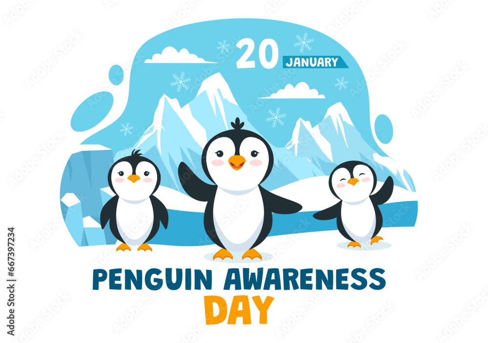 Obraz premium Penguin Awareness Day Vector Illustration on 20 January with Penguins and Iceberg to Conserve Animals in Flat Cartoon Background Design