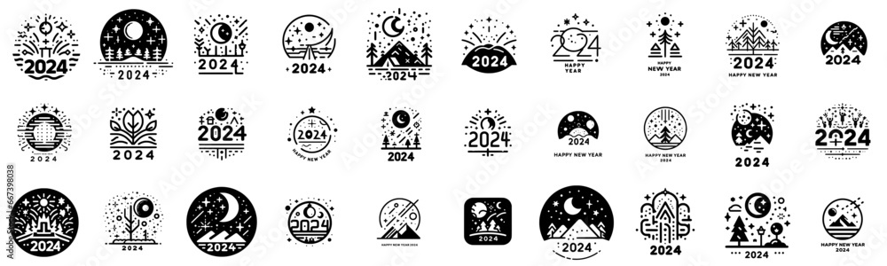 Fototapeta premium Ringing in 2024: New Year's Celebration Icons and Graphics, Set of Editable Stroke Graphics, Innovative Pictograms