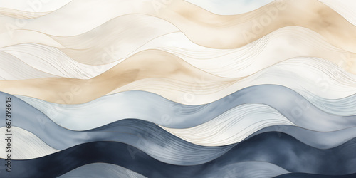 Abstract wavy blue watercolor texture. Navy, tan, and white water wave background illustration. Nautical ocean wave beach travel backdrop. Watercolor paint wavy water painting texture with modern line