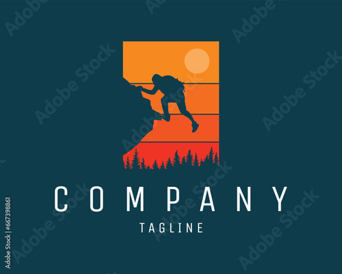 mountain climbers have just reached the top of the mountain. vector silhouette isolated on a black background with a sunset view with a very beautiful sun. best for badge, emblem, icon, sticker design