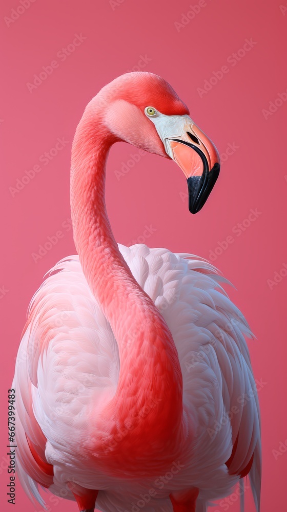 Fototapeta premium Adorable pastel illustration: Pink Flamingo portrait for kids room, clean design on pink backdrop.