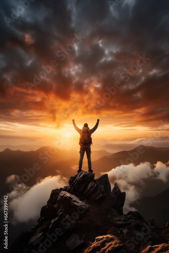 Man standing on top of mountain peak celebrating holding up arms.