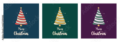 Merry Christmas Holiday cards with Christmas tree frames, Christmas and Happy New Year Set of greeting cards, posters, holiday covers, X mas tree holiday composition.