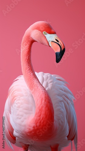 Adorable pastel illustration: Pink Flamingo portrait for kids room, clean design on pink backdrop.
