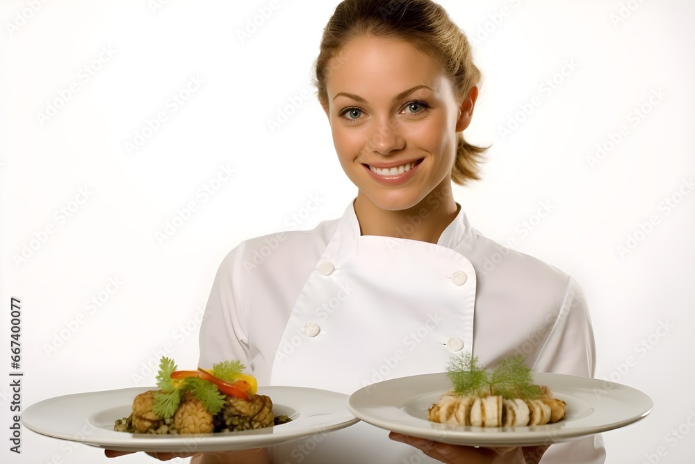 料理を持っているシェフの女性 料理を持っているシェフの女性