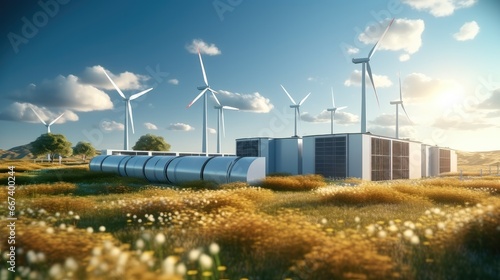 Wind Turbines and Li-ion Battery Container, A modern battery energy storage system with wind turbines and solar. © visoot