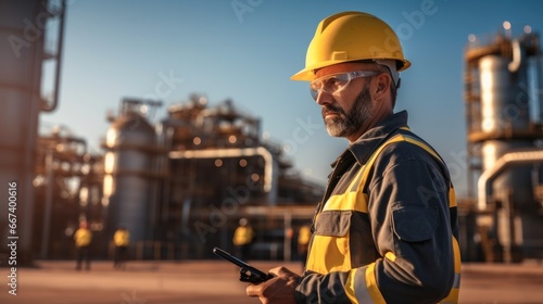 Engineer wearing safety uniform inspected work at oil refinery factory using digital tablet.