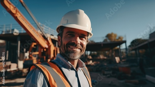 Mature architect wearing hardhat inspected the structure at construction site.