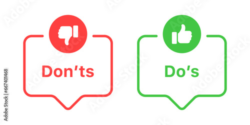 Dos and donts icons line speech bubble; like thumbs up icon or thumb down label banner. Like or dislike icon - do's and don'ts frames - true or false - Dos and dont signs photo