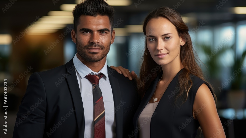 Portrait of aboriginal business man with business woman in office. Portrait of aboriginal business man with business woman in office.