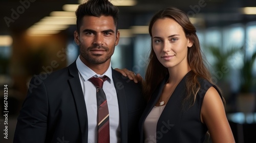 Portrait of aboriginal business man with business woman in office.