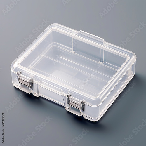 Plastic case, transparent, blank, Isometric, white background
