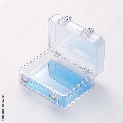 Plastic case, transparent, blank, Isometric, white background