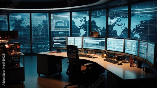 Empty desks and computers in a control room, Powering the Future, Smart Grid Control Center.