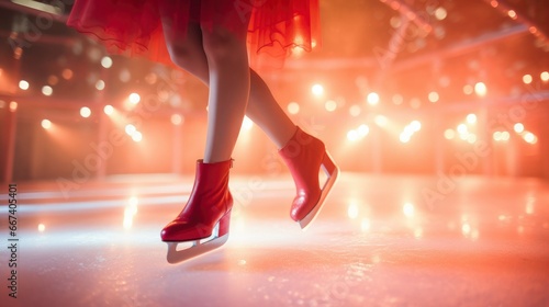 Closeup women's legs in a red skating dress. Figure skating athlete in motion on ice rink arena. Concept of professional sport and competition
