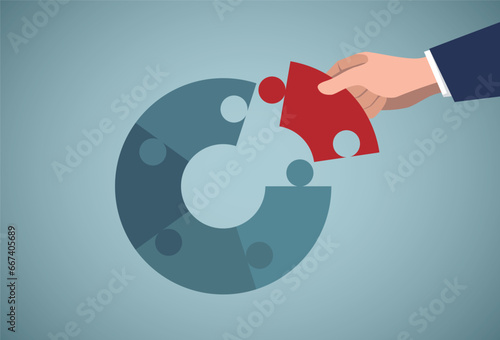 Human hand holding a piece of jigsaw to connect a circle chain.Production chain，essential part.