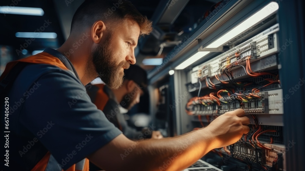 Repairman, Electricians working on breaker box.