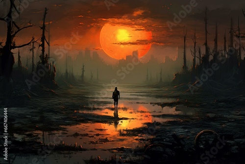 A solitary wanderer explores a devastated otherworld. Evocative fantasy art. Generative AI