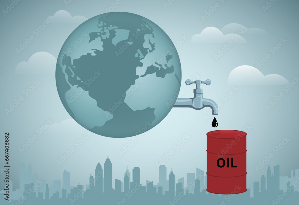 Earth tap or faucet with a drop of petroleum.Drilling oil, world of investment. Money resource, passive income concept.