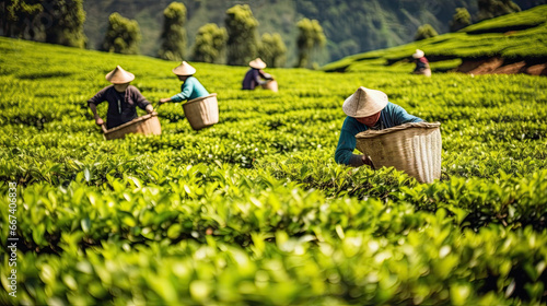tea picking at the tea plantation at the town of Mae Salong north of the city Chiang Rai in North Thailand