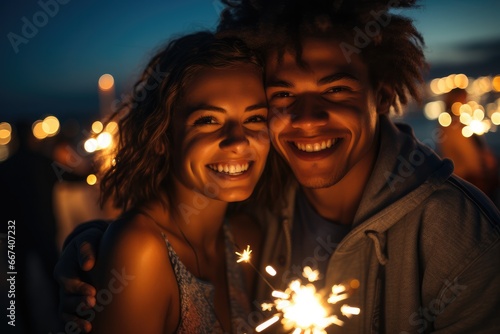 Happy Young people smiling with sparklers on the beach at night.
