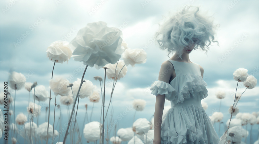 Fantasy illustration of a woman in a white dress with platinum blond hair standing among flowers as if a flower herself. Fantasy illustration of a woman in a white dress with platinum blond hair standing among flowers as if a flower herself.