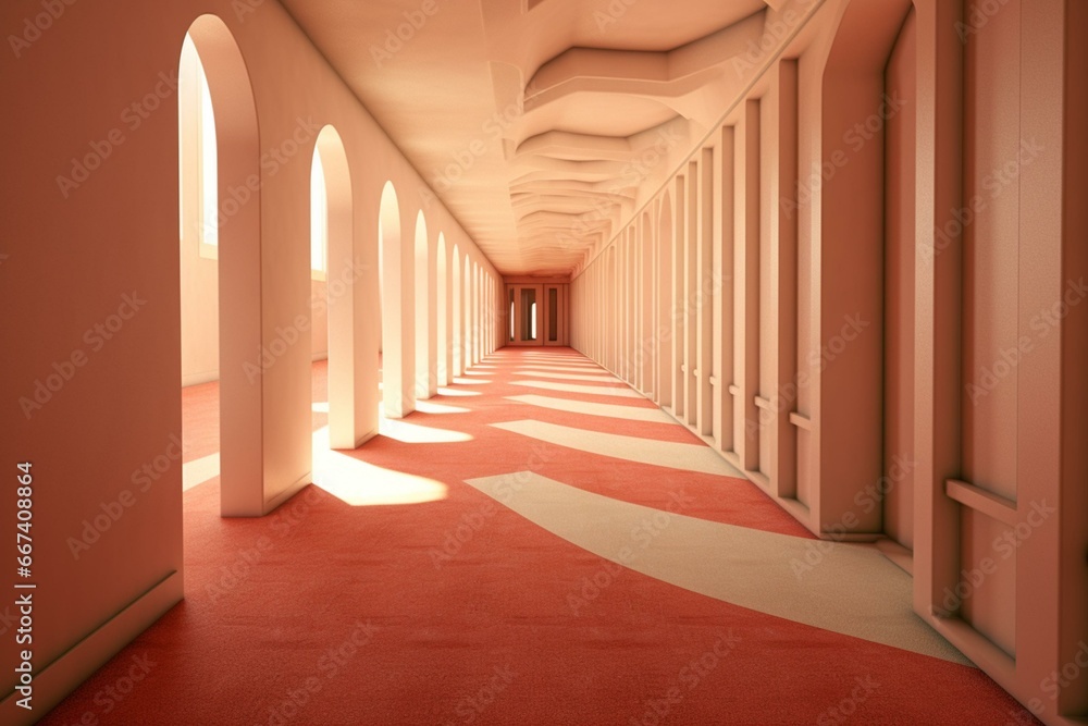 Unoccupied surreal room, 3D depiction of slanted corridor. Generative AI