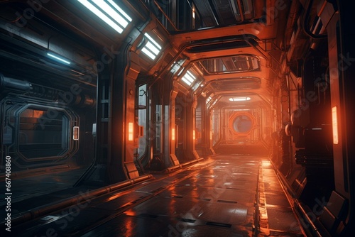 A futuristic rendering of a dimly lit architectural interior in a sci-fi or industrial setting. Generative AI