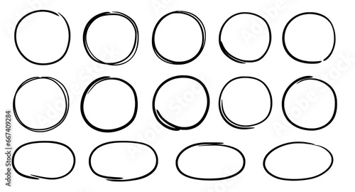 Drawn pen line oval set. Hand drawn marker stroke style doodle oval frame. Scribble round frame for text highlight. Grunge scratch style set. Vector illustration
