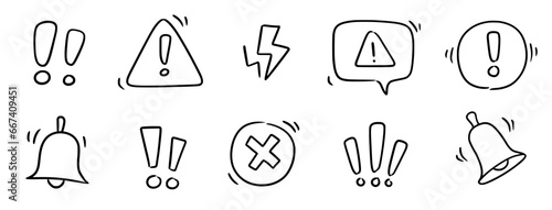 Doodle exclamation mark, alert danger sign set. Scribble hand drawn doodle exclamation triangle point, stop warning, hazard sign. Hand drawn sketch danger information sign. Vector illustration