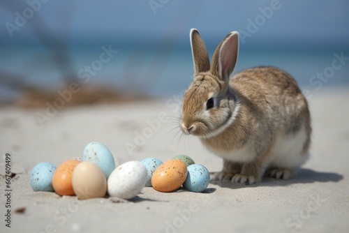 Bunny holding eggs beachside. Generative AI