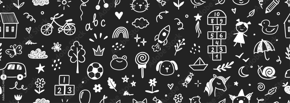Kindergarten doodle vector chalkboard background. Hand drawn doodle style children cute seamless pattern, preschool wallpaper. Kids education simple background. Vector illustration Kindergarten doodle vector chalkboard background. Hand drawn doodle style children cute seamless pattern, preschool wallpaper. Kids education simple background. Vector illustration
