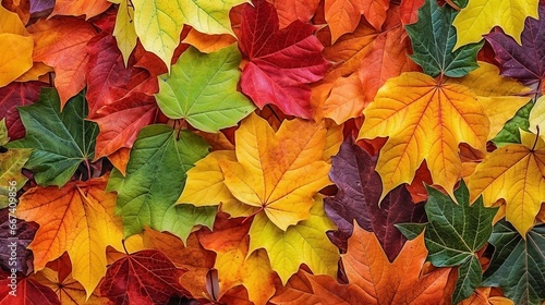 Overhead closeup view of maple leaves in hues of red  yellow orange and green