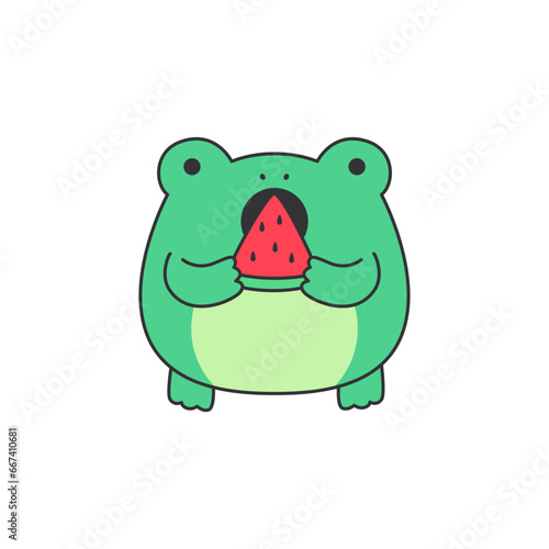 Cute frog with watermelon in its mouth. Vector illustration.
