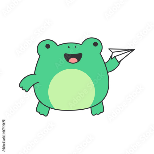 Cute frog with paper plane. Vector illustration in cartoon style.